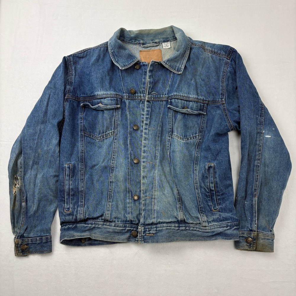 Open Trails Mens XL Stonewashed Denim Trucker Jacket Blue 100% Cotton Distressed